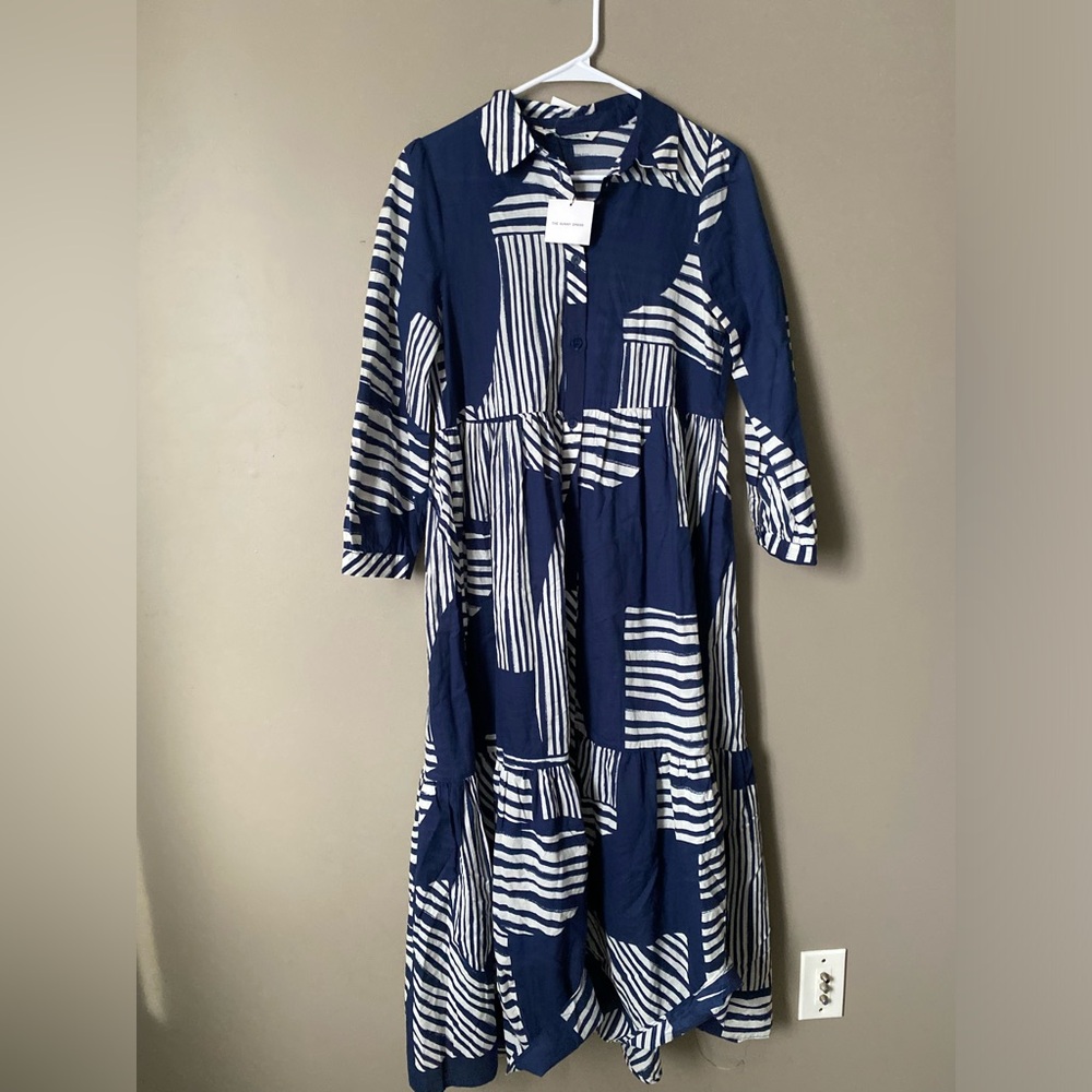 Zara Navy & White Striped Button-Front Dress
